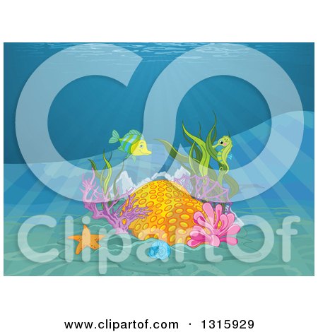 Clipart of a Coral Reef with a Fish, Starfish, Seahorse and Rays Shining down from the Surface - Royalty Free Vector Illustration by Pushkin