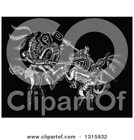 Clipart of a White Sketch of Jousting Knights on Black - Royalty Free Vector Illustration by Zooco