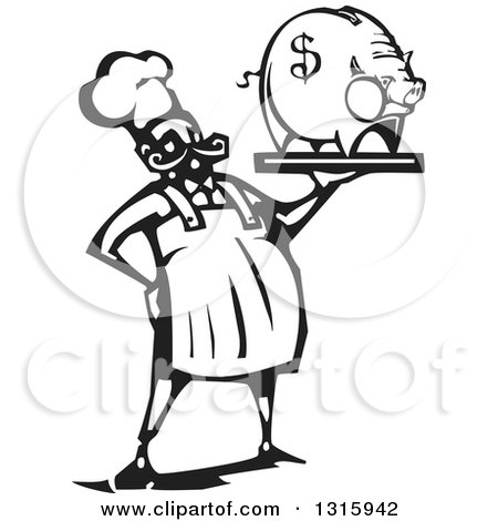 Clipart of a Black and White Woodcut Male Chef Holding a Piggy Bank on a Tray - Royalty Free Vector Illustration by xunantunich