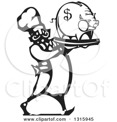 Clipart of a Black and White Woodcut Male Chef Walking with a Piggy Bank on a Tray - Royalty Free Vector Illustration by xunantunich
