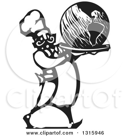 Clipart of a Black and White Woodcut Male Chef Serving Earth on a Platter - Royalty Free Vector Illustration by xunantunich