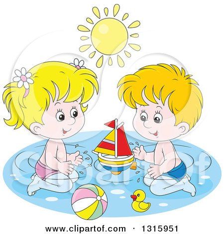Clipart of a Cartoon White Boy and Girl Playing with a Sailboat, Beach Ball and Rubber Duck in a Swimming Pool Under a Summer Sun - Royalty Free Vector Illustration by Alex Bannykh