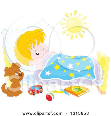 Clipart of a Cartoon Caucasian Boy Looking at a Puppy with One Eye While Trying to Go to Sleep - Royalty Free Vector Illustration by Alex Bannykh