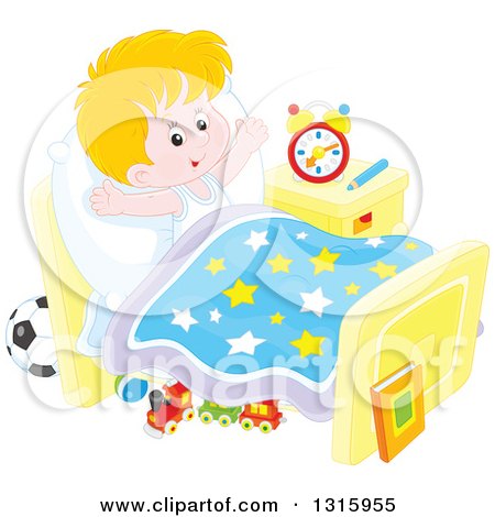 Clipart of a Cartoon Caucasian Boy Stretching in Bed After Waking up - Royalty Free Vector Illustration by Alex Bannykh