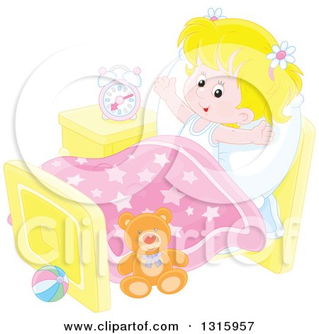 Clipart of a Cartoon Blond Caucasian Girl Stretching in Her Bed After Waking up - Royalty Free Vector Illustration by Alex Bannykh