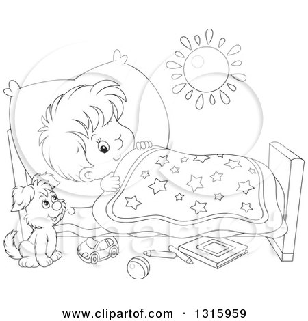 Outline Clipart of a Cartoon Black and White Boy Looking at a Puppy with One Eye While Trying to Go to Sleep - Royalty Free Lineart Vector Illustration by Alex Bannykh