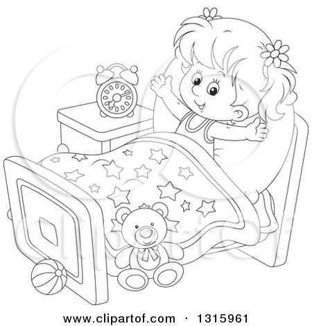 Outline Clipart of a Cartoon Black and White Girl Stretching in Her Bed After Waking up - Royalty Free Lineart Vector Illustration by Alex Bannykh