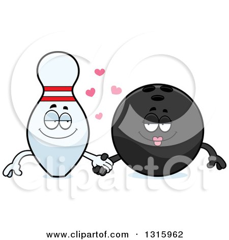 Clipart of Cartoon Black Bowling Ball and Pin Characters Holding Hands Under Hearts - Royalty Free Vector Illustration by Cory Thoman