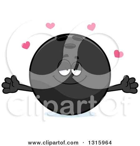 Clipart of a Cartoon Loving Black Bowling Ball Character with Open Arms and Hearts - Royalty Free Vector Illustration by Cory Thoman
