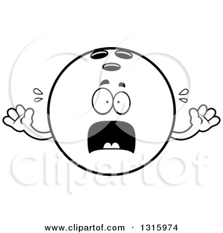 Lineart Clipart of a Cartoon Scared Black Bowling Ball Character Screaming - Royalty Free Outline Vector Illustration by Cory Thoman