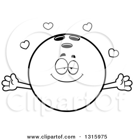 Lineart Clipart of a Cartoon Loving Black Bowling Ball Character with Open Arms and Hearts - Royalty Free Outline Vector Illustration by Cory Thoman