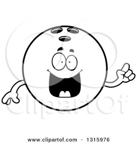 Lineart Clipart of a Cartoon Smart Black Bowling Ball Character Holding up a Finger - Royalty Free Outline Vector Illustration by Cory Thoman