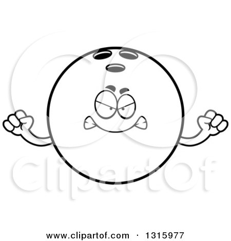 Lineart Clipart of a Cartoon Mad Black Bowling Ball Character Holding up Fists - Royalty Free Outline Vector Illustration by Cory Thoman