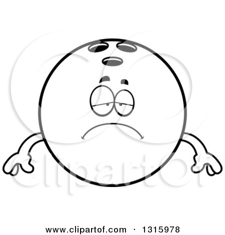 Lineart Clipart of a Cartoon Depressed Sad Black Bowling Ball Character Pouting - Royalty Free Outline Vector Illustration by Cory Thoman