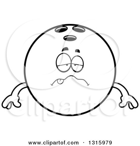 Lineart Clipart of a Cartoon Sick Black Bowling Ball Character - Royalty Free Outline Vector Illustration by Cory Thoman