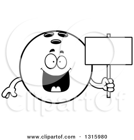 Lineart Clipart of a Cartoon Happy Black Bowling Ball Character Holding a Blank Sign - Royalty Free Outline Vector Illustration by Cory Thoman