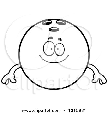 Lineart Clipart of a Cartoon Happy Black Bowling Ball Character Smiling - Royalty Free Outline Vector Illustration by Cory Thoman