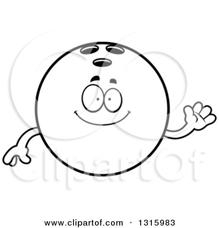 Lineart Clipart of a Cartoon Friendly Black Bowling Ball Character Waving - Royalty Free Outline Vector Illustration by Cory Thoman