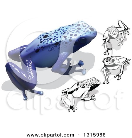 Clipart of 3d Colored and Black and White Blue Poison Dart Frogs with Shadows - Royalty Free Vector Illustration by dero