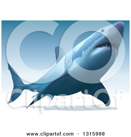Clipart of a 3d Swimming Great White Shark over Gradient Blue - Royalty Free Vector Illustration by dero