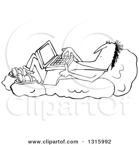 Outline Clipart of a Cartoon Black and White Chubby Caveman Reclined on Boulders and Using a Laptop Computer - Royalty Free Lineart Vector Illustration by djart