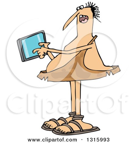 Clipart of a Cartoon Chubby Caveman Holding and Using a Tablet Computer - Royalty Free Vector Illustration by djart