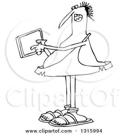 Outline Clipart of a Cartoon Black and White Chubby Caveman Holding and Using a Tablet Computer - Royalty Free Lineart Vector Illustration by djart
