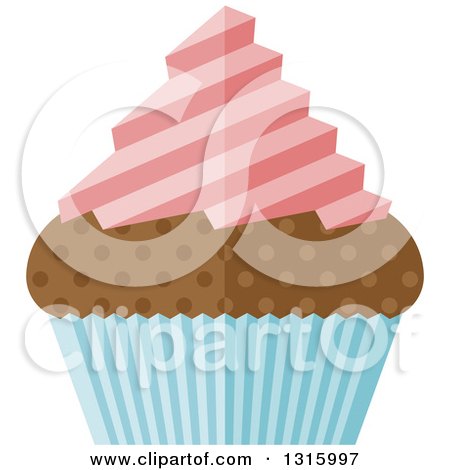 Clipart of a Flat Design Chocolate Cupcake with Pink Frosting and a Blue Wrapper - Royalty Free Vector Illustration by AtStockIllustration