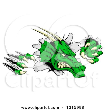 Clipart of a Vicious Green Dragon Mascot Head Shredding Through a Wall - Royalty Free Vector Illustration by AtStockIllustration