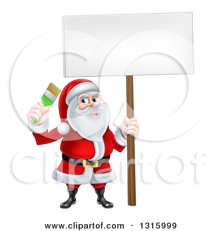 Clipart of a Christmas Santa Claus Holding a Paintbrush and Sign - Royalty Free Vector Illustration by AtStockIllustration