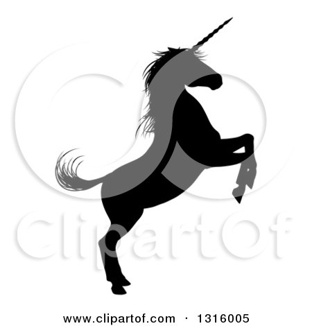 Clipart of a Black Silhouetted Rearing Unicorn in Profile, Facing Right - Royalty Free Vector Illustration by AtStockIllustration