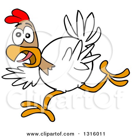 Clipart of a Cartoon Excited White and Brown Chicken Running - Royalty Free Vector Illustration by LaffToon