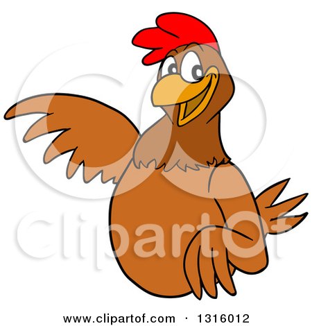 Clipart of a Cartoon Brown Chicken Pointing to the Left - Royalty Free Vector Illustration by LaffToon