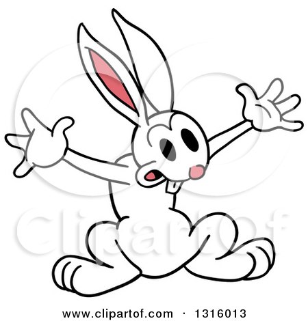 Clipart of a Cartoon Excited White Rabbit Holding out His Arms - Royalty Free Vector Illustration by LaffToon
