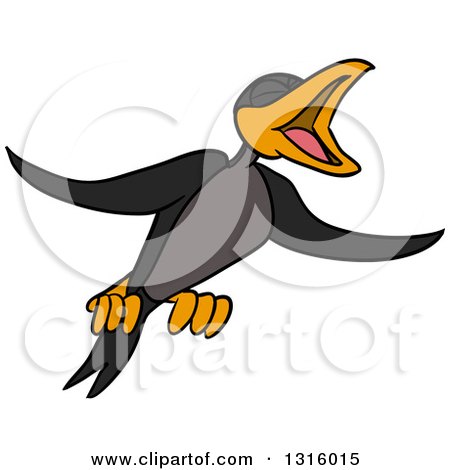 Clipart of a Cartoon Crow Black Bird Flying and Cawing - Royalty Free Vector Illustration by LaffToon