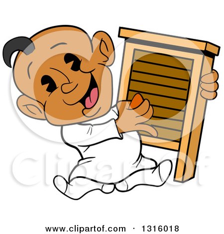 Clipart of a Cartoon Black Baby Boy Sitting and Playing a Washboard like an Instrument - Royalty Free Vector Illustration by LaffToon