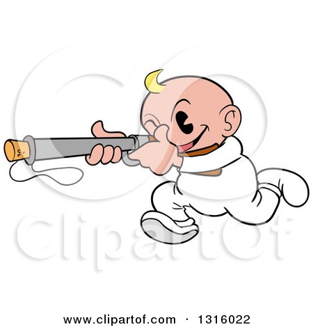 Clipart of a Cartoon White Baby Boy Running and Aiming a Popgun Rifle - Royalty Free Vector Illustration by LaffToon