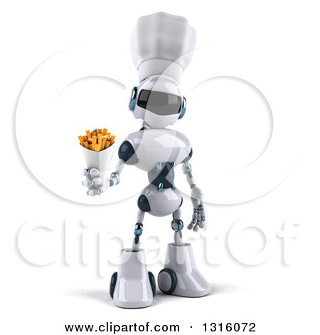 Clipart of a 3d White and Blue Robot Chef Holding out French Fries - Royalty Free Illustration by Julos