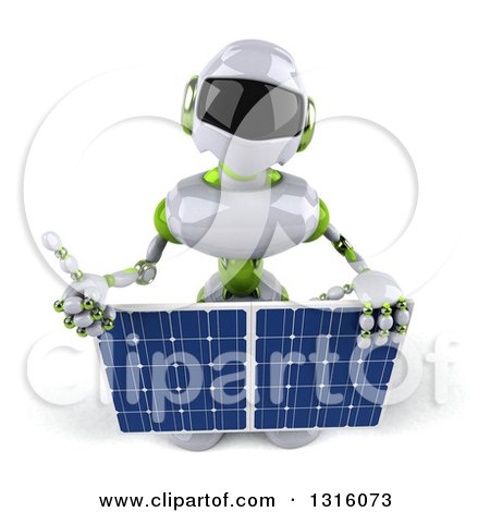 Clipart of a 3d White and Green Male Techno Robot Holding up a Thumb and a Solar Panel - Royalty Free Illustration by Julos