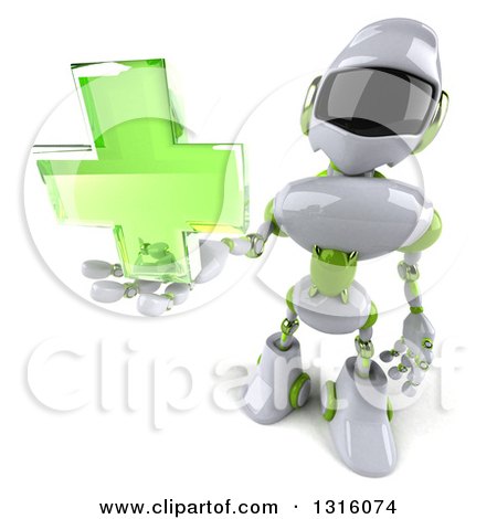 Clipart of a 3d White and Green Male Techno Robot Holding up a Cross - Royalty Free Illustration by Julos