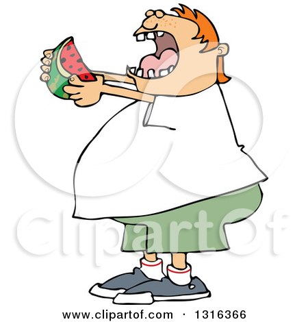 Clipart of a Cartoon Chubby Red Haired White Boy Ready to Devour a Watermelon - Royalty Free Vector Illustration by djart