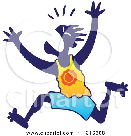 Clipart of a Silhouetted Blue Man Running Away on a Beach - Royalty Free Vector Illustration by Zooco
