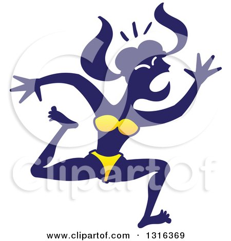 Clipart of a Silhouetted Blue Woman in a Bikini, Running Away on a Beach - Royalty Free Vector Illustration by Zooco
