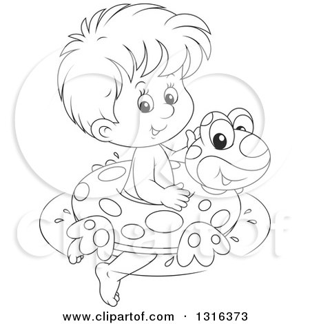 Outline Clipart of a Cartoon Black and White Boy Swimming with a Frog Inner Tube - Royalty Free Lineart Vector Illustration by Alex Bannykh