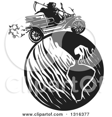 Clipart of a Black and White Woodcut Grim Reaper Driving an Antique Model T Car Around the Globe - Royalty Free Vector Illustration by xunantunich