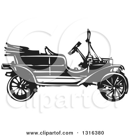 Clipart of a Black and White Woodcut Antique Model T Car - Royalty Free Vector Illustration by xunantunich