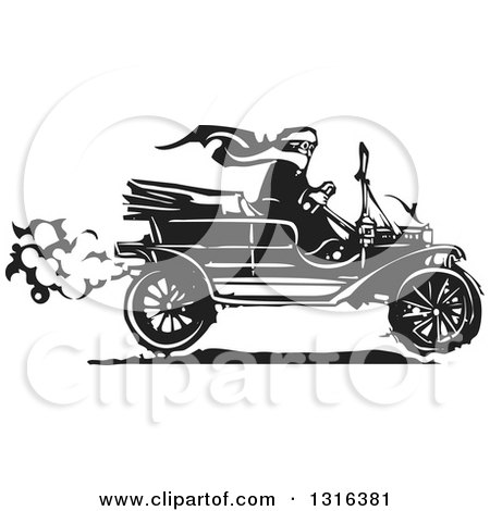 Clipart of a Black and White Woodcut Woman Wearing a Scarf and Driving an Antique Model T Car - Royalty Free Vector Illustration by xunantunich