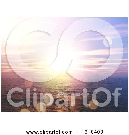 Clipart of a 3d Ocean Sunset Landscape with Purple Skies and Flares - Royalty Free Illustration by KJ Pargeter