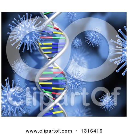 Clipart of a 3d Medical Background of Colorful Dna Strands and Blue Viruses - Royalty Free Illustration by KJ Pargeter