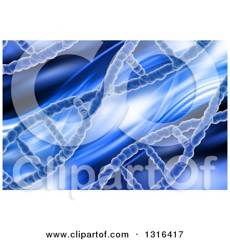 Clipart of a 3d Blue Medical Background of Dna Strands and Waves - Royalty Free Illustration by KJ Pargeter